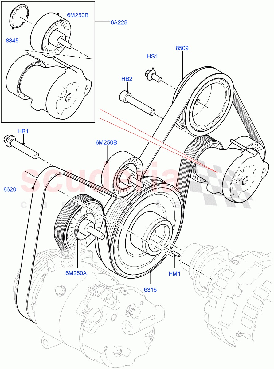 Pulleys And Drive Belts(2.0L AJ20P4 Petrol Mid PTA,Changsu (China),Less Electric Engine Battery) of Land Rover Land Rover Range Rover Evoque (2019+) [2.0 Turbo Petrol AJ200P]