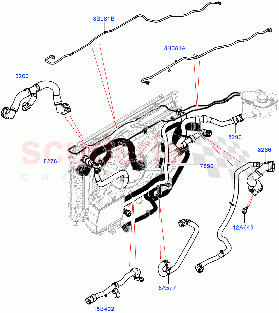Cooling System Pipes And Hoses(2.0L I4 Mid DOHC AJ200 Petrol,With Standard Engine Cooling System,Less Active Tranmission Warming,2.0L I4 Mid AJ200 Petrol E100)((V)FROMJH000001) of Land Rover Land Rover Range Rover Evoque (2012-2018) [2.0 Turbo Petrol AJ200P]