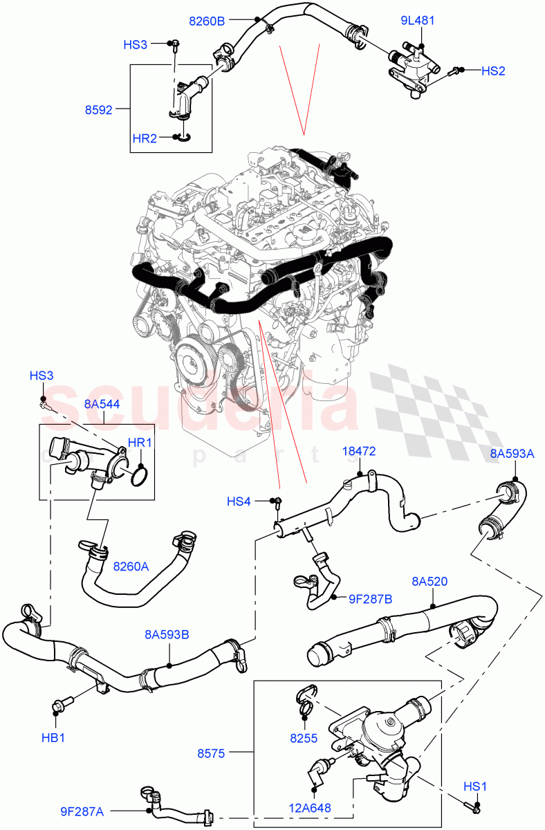 Thermostat/Housing & Related Parts(2.0L I4 Mid DOHC AJ200 Petrol,2.0L AJ200P Hi PHEV)((V)FROMMA000001) of Land Rover Land Rover Range Rover Velar (2017+) [2.0 Turbo Petrol AJ200P]