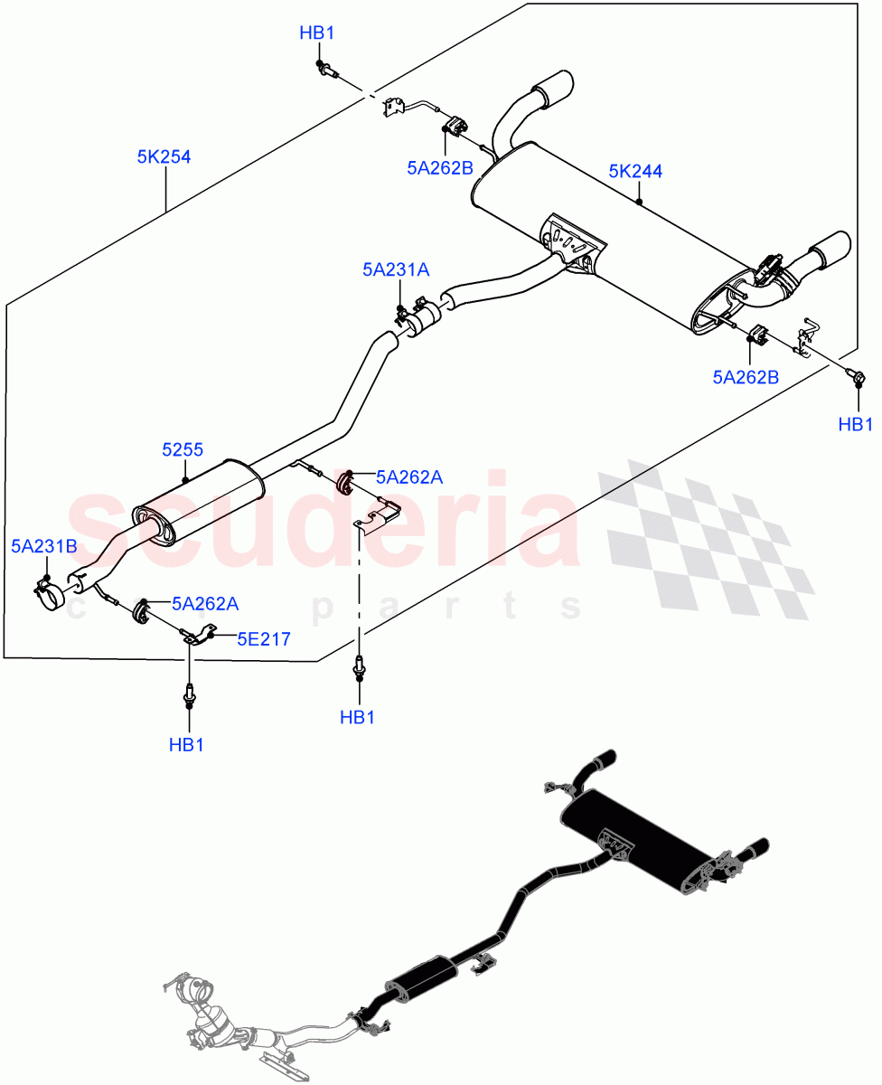 Rear Exhaust System(2.0L I4 Mid DOHC AJ200 Petrol,Itatiaia (Brazil),With 7 Seat Configuration,Instant Mobility System - High,Dual Exhaust,2.0L I4 Mid AJ200 Petrol E100)((V)FROMJT000001) of Land Rover Land Rover Discovery Sport (2015+) [2.0 Turbo Petrol AJ200P]