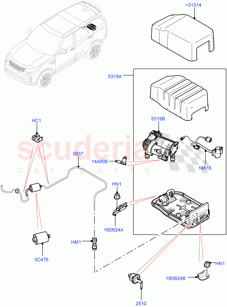 Air Suspension Compressor And Lines(Compressor Assy, Nitra Plant Build)(With Four Corner Air Suspension)((V)FROMK2000001) of Land Rover Land Rover Discovery 5 (2017+) [3.0 I6 Turbo Diesel AJ20D6]