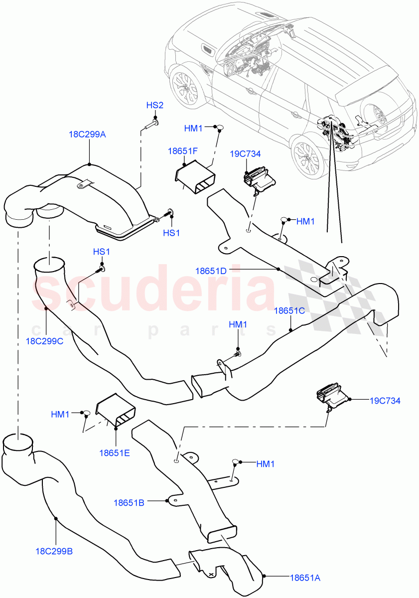 Air Vents, Louvres And Ducts(Internal Components, Under Rear Seat)(With 7 Seat Configuration,Premium Air Con Hybrid Front/Rear,With Air Conditioning - Front/Rear)((V)TOJA999999) of Land Rover Land Rover Range Rover Sport (2014+) [3.0 DOHC GDI SC V6 Petrol]