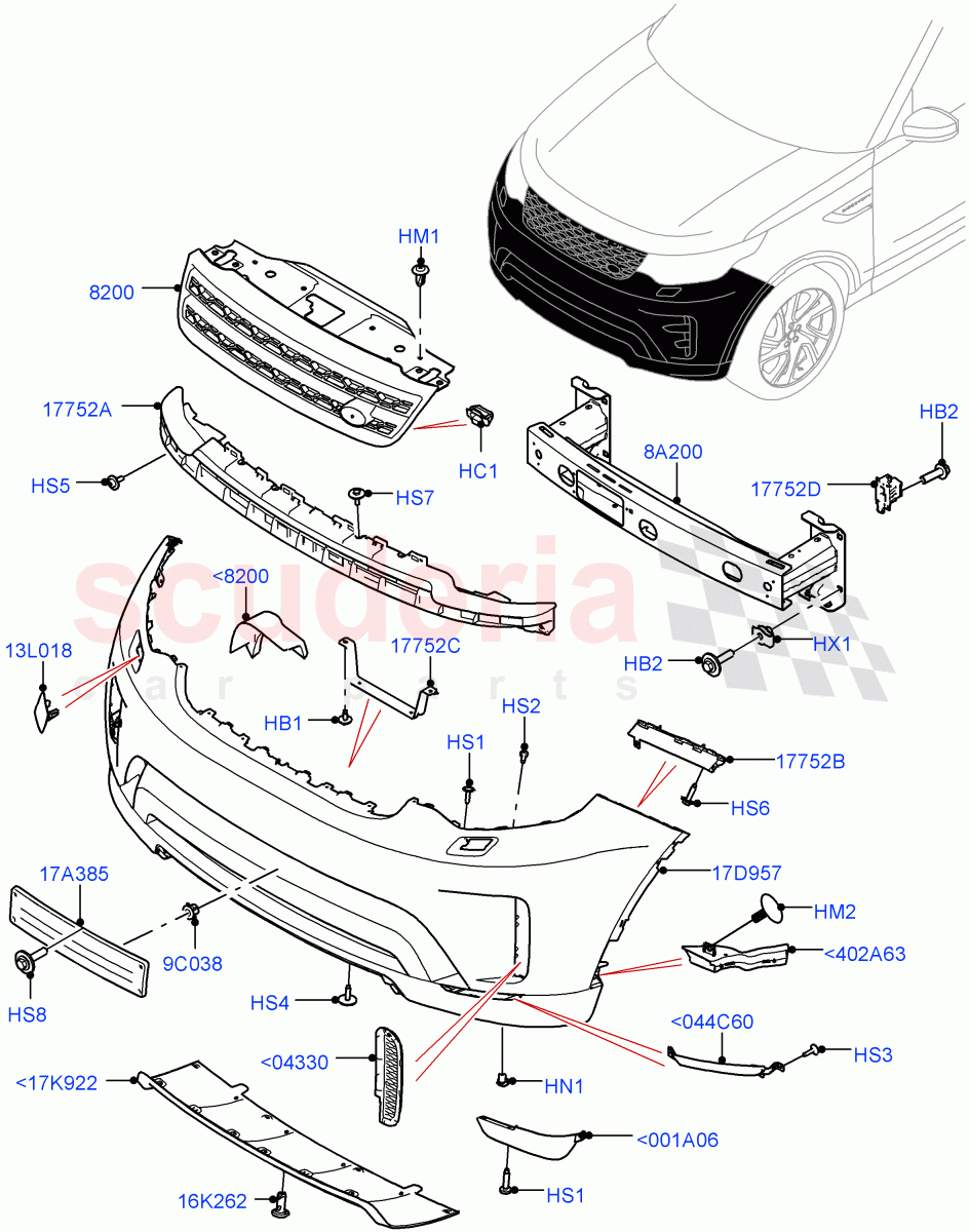 Radiator Grille And Front Bumper(Nitra Plant Build)(Non Sport/Dynamic)((V)FROMK2000001,(V)TOL2999999) of Land Rover Land Rover Discovery 5 (2017+) [3.0 I6 Turbo Petrol AJ20P6]