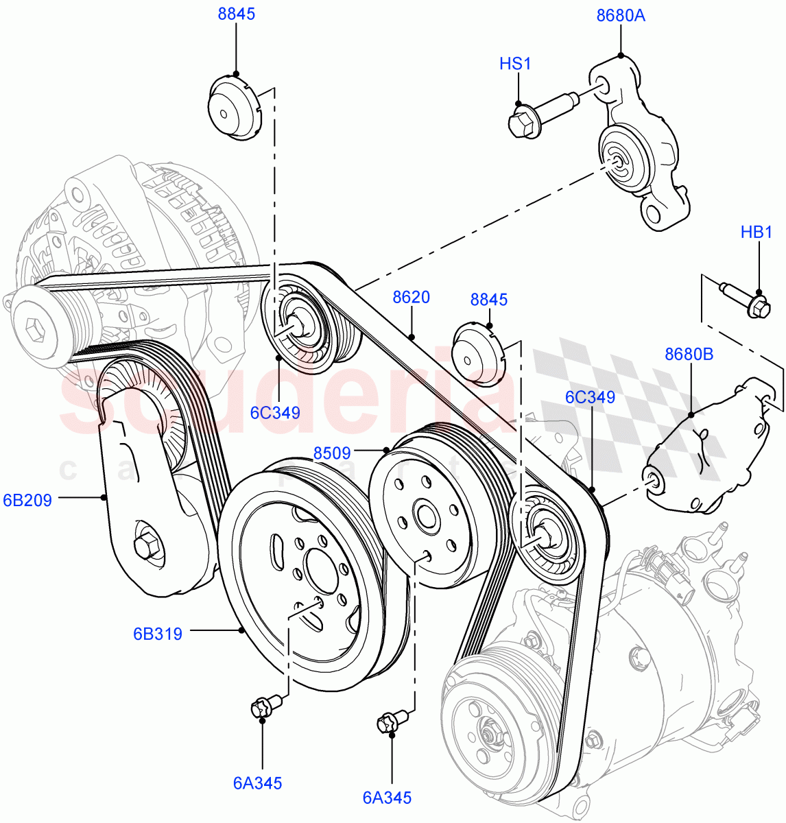 Pulleys And Drive Belts(Solihull Plant Build, Front)(3.0 V6 D Low MT ROW,With Four Corner Air Suspension,3.0 V6 D Gen2 Twin Turbo,3.0 V6 D Gen2 Mono Turbo,With Performance Suspension)((V)FROMKA000001) of Land Rover Land Rover Range Rover (2012-2021) [3.0 Diesel 24V DOHC TC]