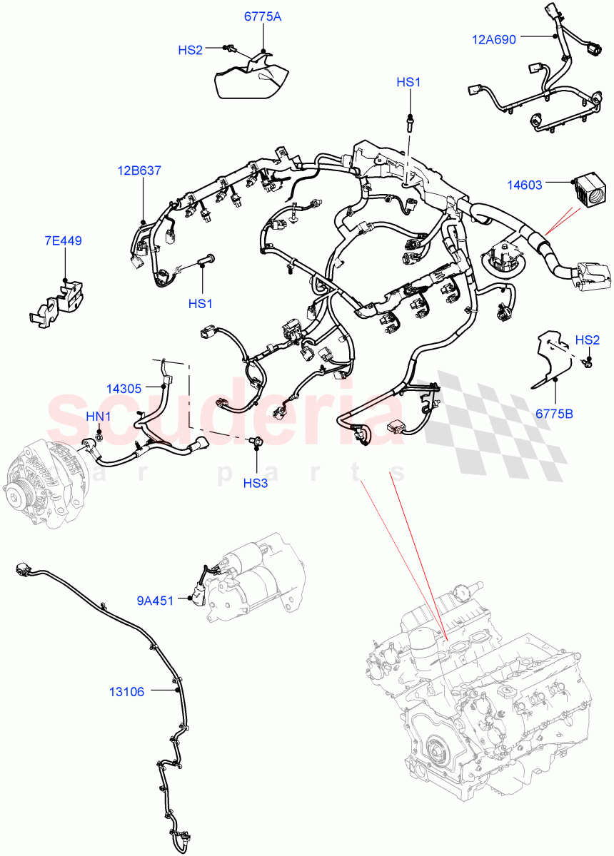Engine Harness(Nitra Plant Build)(3.0L DOHC GDI SC V6 PETROL)((V)FROMK2000001) of Land Rover Land Rover Discovery 5 (2017+) [3.0 I6 Turbo Diesel AJ20D6]
