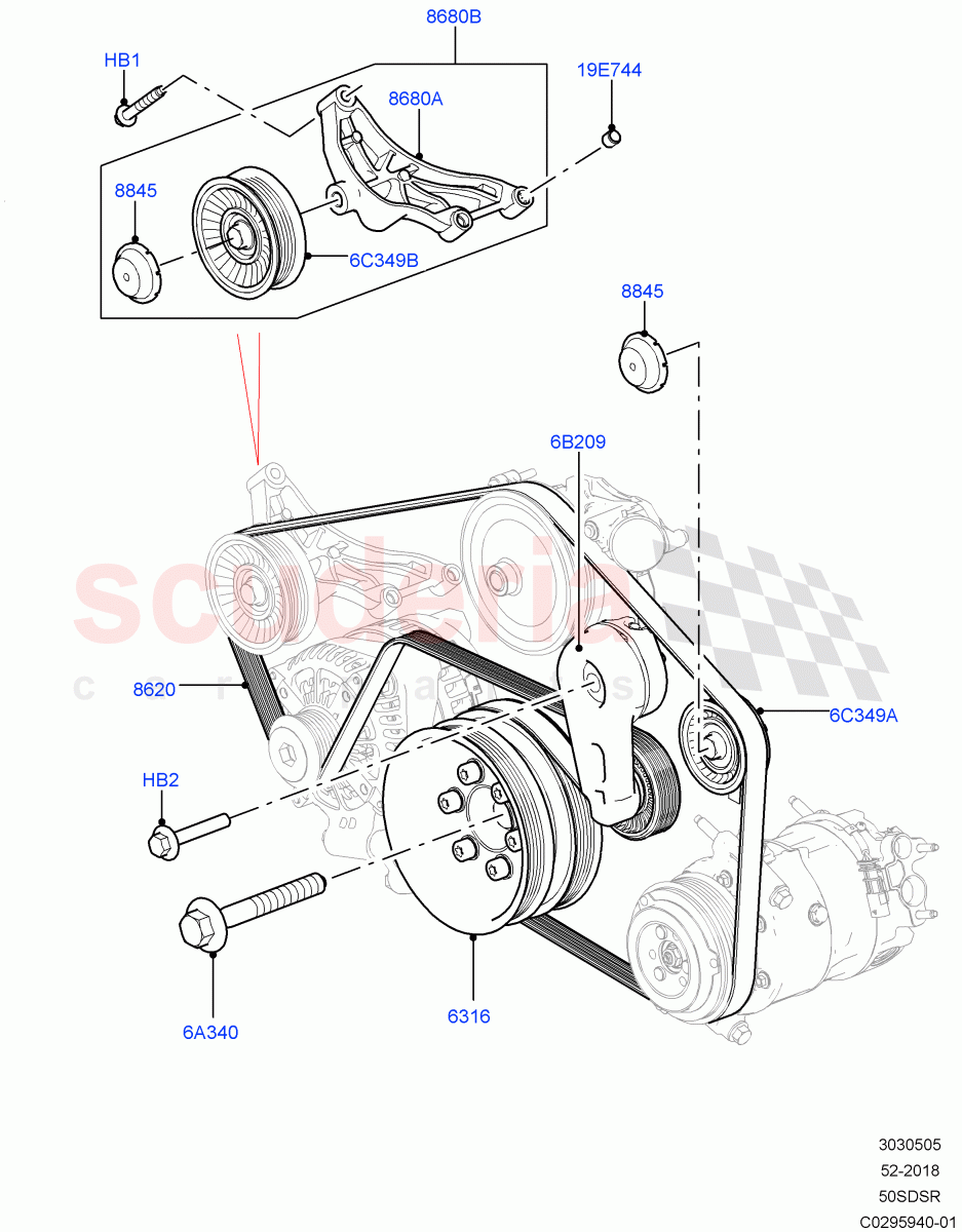 Pulleys And Drive Belts(Primary Drive)(5.0 Petrol AJ133 DOHC CDA,With Four Corner Air Suspension,5.0L P AJ133 DOHC CDA S/C Enhanced,With Performance Suspension)((V)FROMKA000001) of Land Rover Land Rover Range Rover (2012-2021) [5.0 OHC SGDI SC V8 Petrol]