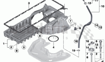 Oil pan upper part, oil level indicator